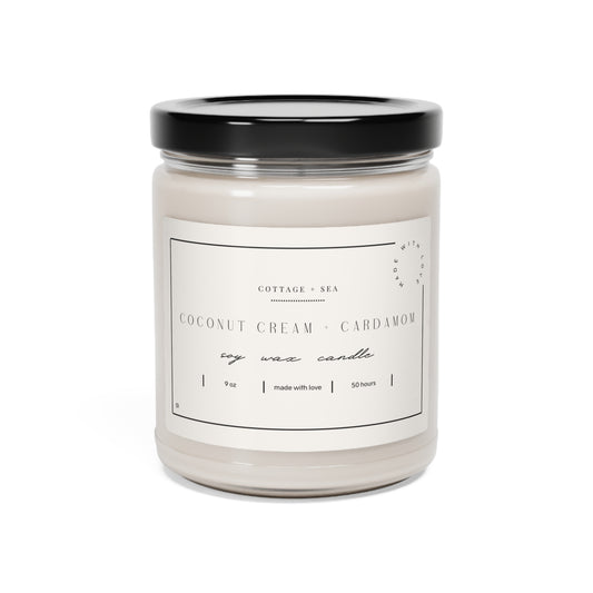 Coconut Cream + Cardamom Scented Soy Candle, 100% natural soy wax blend, 9oz